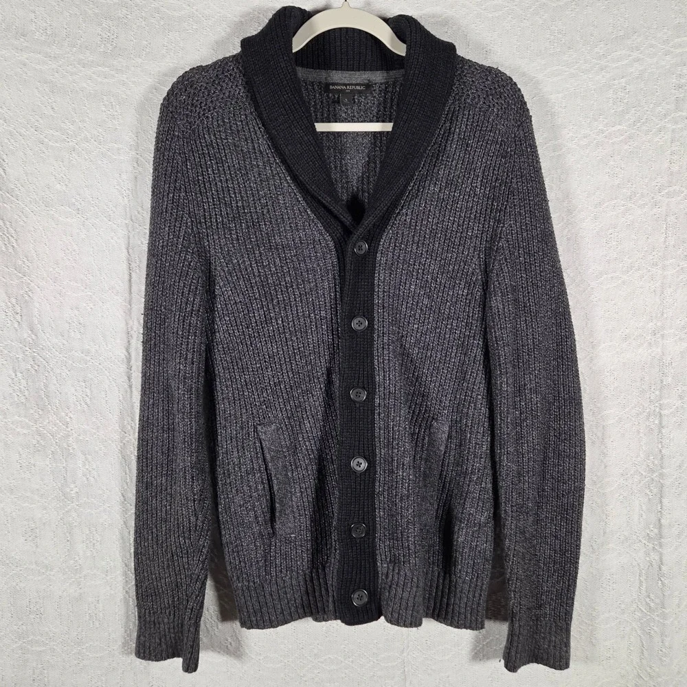Banana Republic Mens Shawl Collar Cardigan Sweater Gray Black Ribbed‎ Knit Small